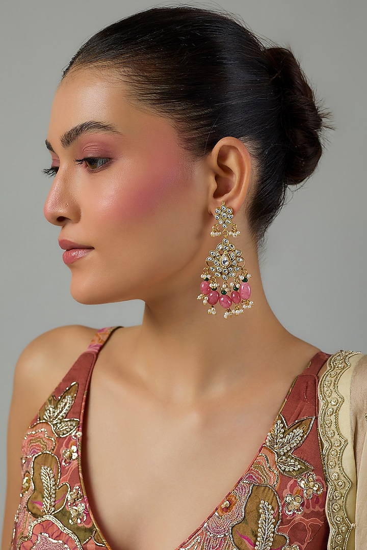 Gold Finish Kundan Polki & Pink Beaded Dangler Earrings by Moh-Maya by Disha Khatri at Pernia's Pop Up Shop