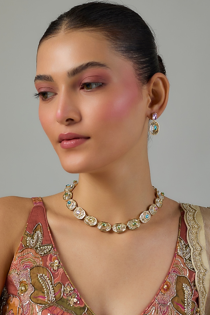 Gold Finish Multi-Colored Swarovski Necklace Set by Moh-Maya by Disha Khatri at Pernia's Pop Up Shop
