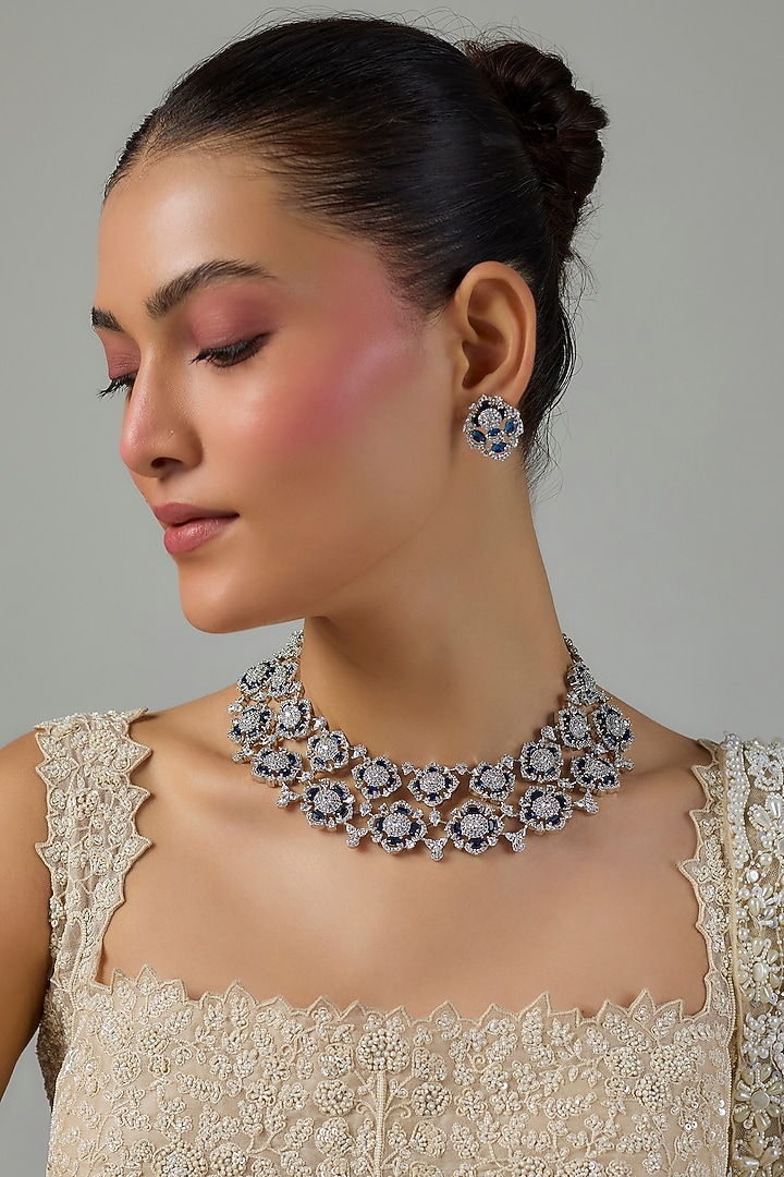 White Gold Finish Zircon & Blue Sapphire Stone Necklace Set by Moh-Maya by Disha Khatri at Pernia's Pop Up Shop