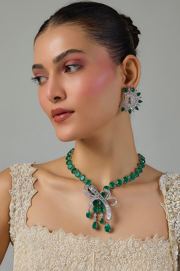 White Gold Finish Zircon & Emerald Stone Necklace Set by Moh-Maya by Disha Khatri at Pernia's Pop Up Shop