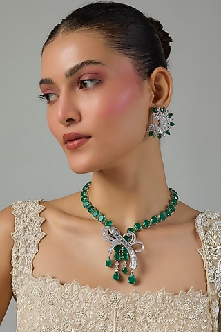 White Gold Finish Zircon & Emerald Stone Necklace Set by Moh-Maya by Disha Khatri