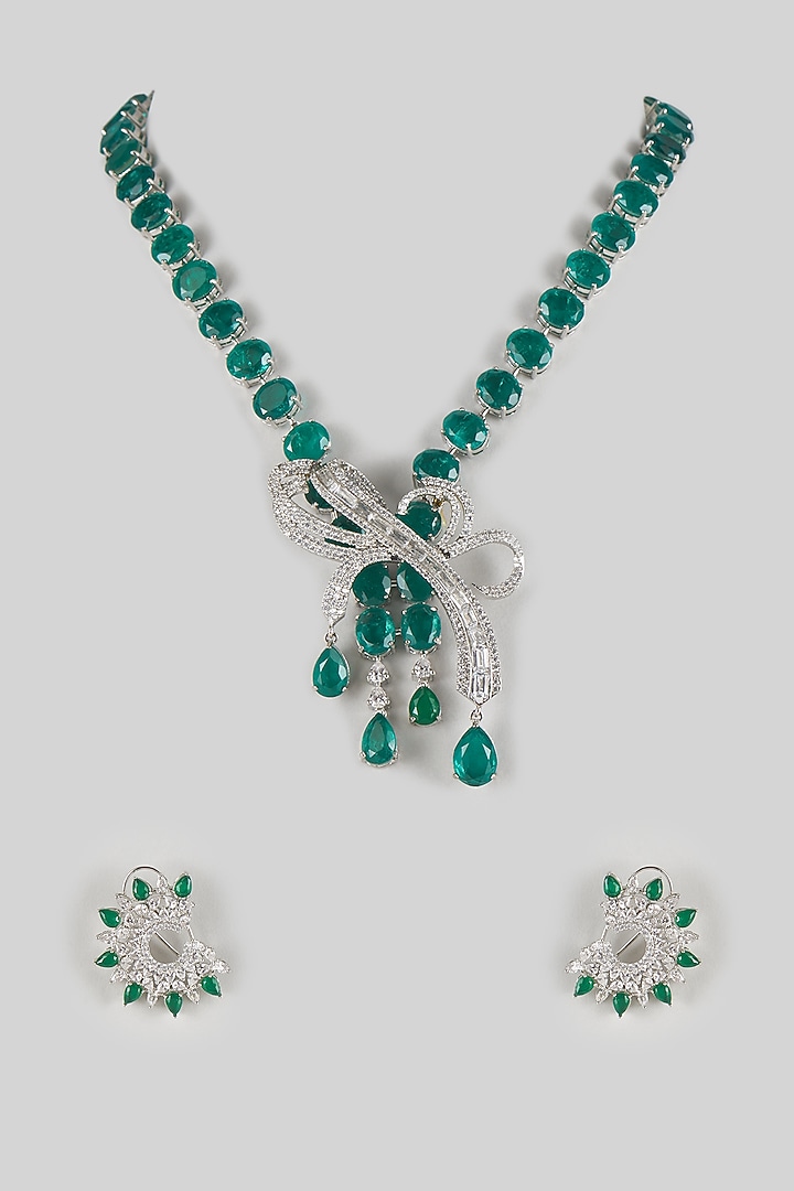 White Gold Finish Zircon & Emerald Stone Necklace Set by Moh-Maya by Disha Khatri at Pernia's Pop Up Shop