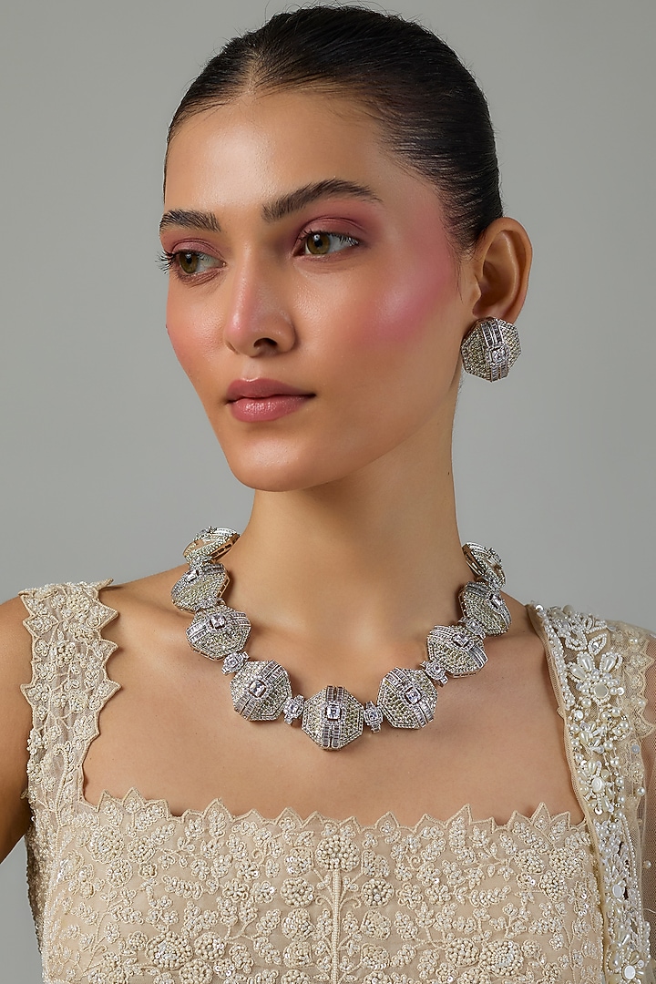 White Gold Finish Zircon Choker Necklace Set by Moh-Maya by Disha Khatri at Pernia's Pop Up Shop