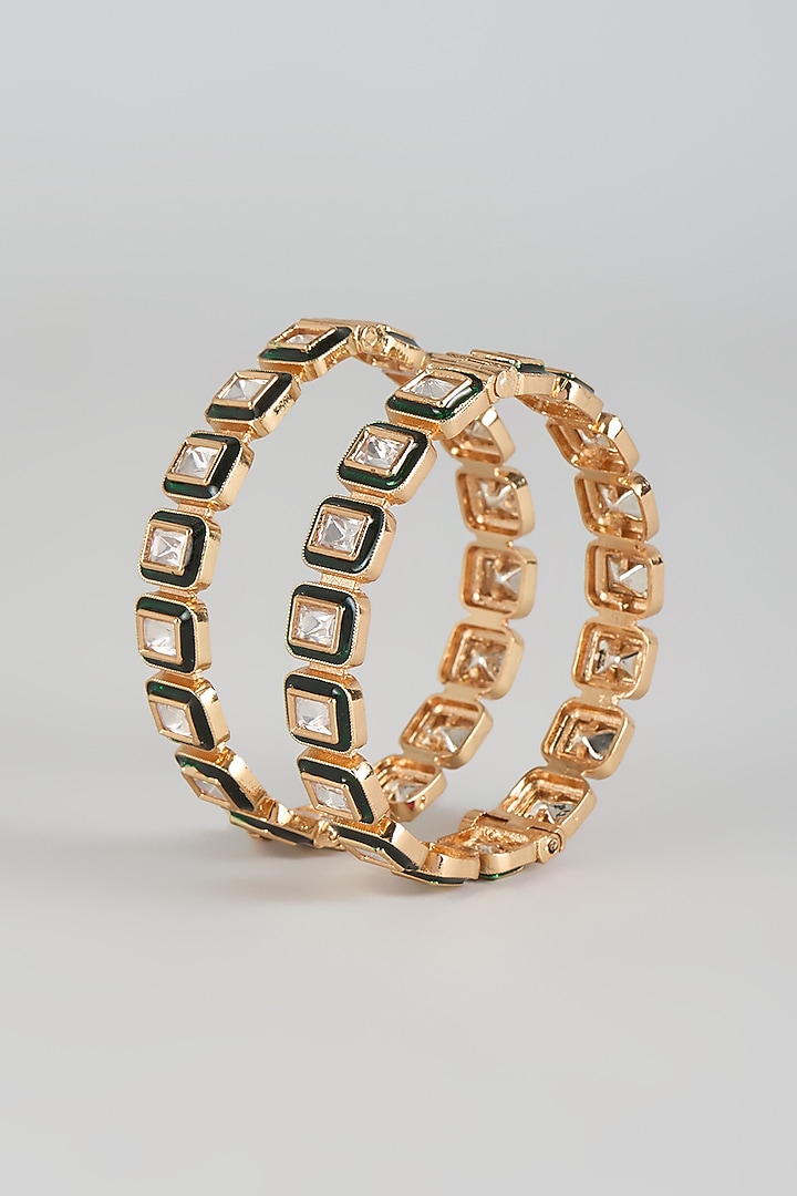 Gold Finish Green Kundan Polki Bangles (Set Of 2) by Moh-Maya by Disha Khatri at Pernia's Pop Up Shop