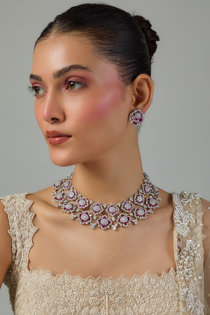 White Gold Finish Zircon & Ruby Stone Choker Necklace Set by Moh-Maya by Disha Khatri at Pernia's Pop Up Shop