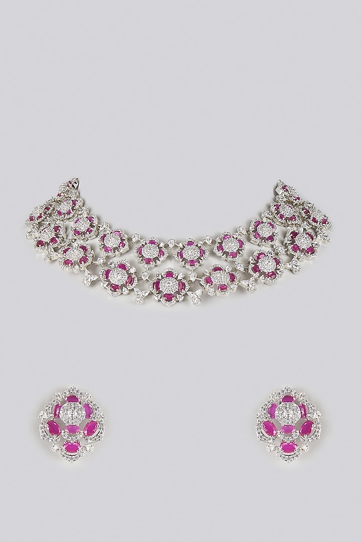 White Gold Finish Zircon & Ruby Stone Choker Necklace Set by Moh-Maya by Disha Khatri at Pernia's Pop Up Shop