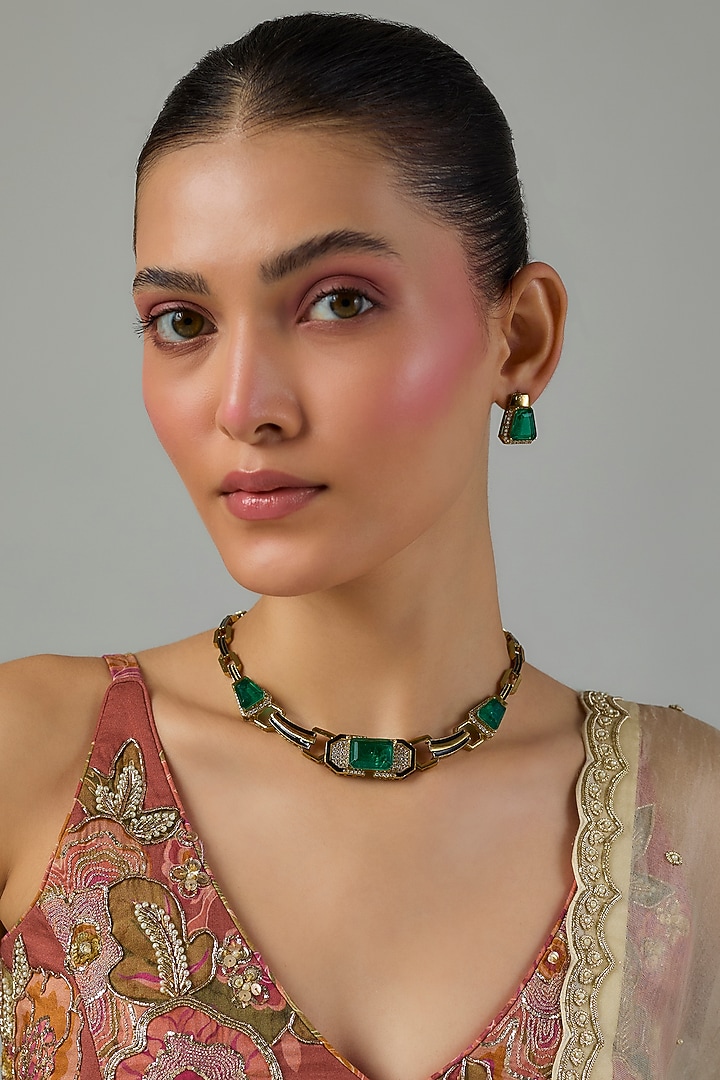 Gold Finish Kundan Polki & Emerald Stone Choker Necklace Set by Moh-Maya by Disha Khatri at Pernia's Pop Up Shop