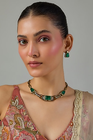Gold Finish Kundan Polki & Emerald Stone Choker Necklace Set by Moh-Maya by Disha Khatri