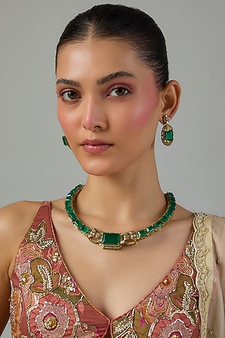 Gold Finish Kundan Polki & Emerald Stone Choker Necklace Set by Moh-Maya by Disha Khatri