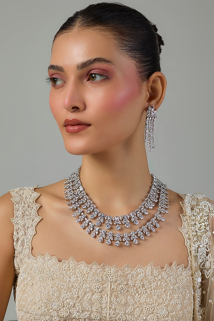 White Gold Finish Zircon Layered Necklace Set by Moh-Maya by Disha Khatri at Pernia's Pop Up Shop