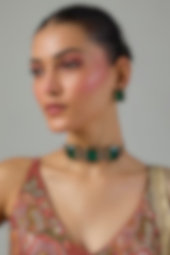 Gold Finish Zircon & Emerald Stone Choker Necklace Set by Moh-Maya by Disha Khatri at Pernia's Pop Up Shop