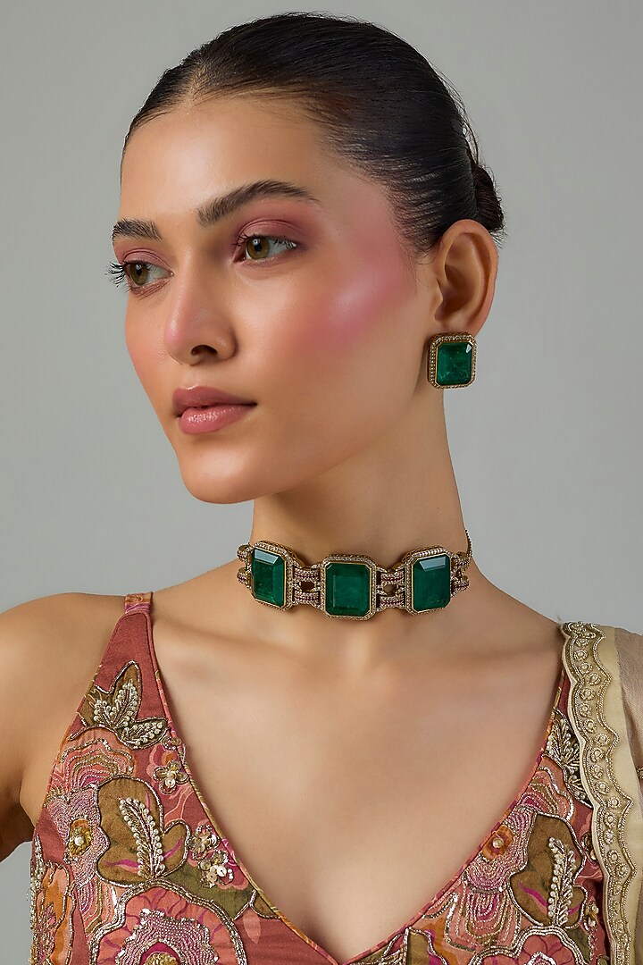 Gold Finish Zircon & Emerald Stone Choker Necklace Set by Moh-Maya by Disha Khatri at Pernia's Pop Up Shop