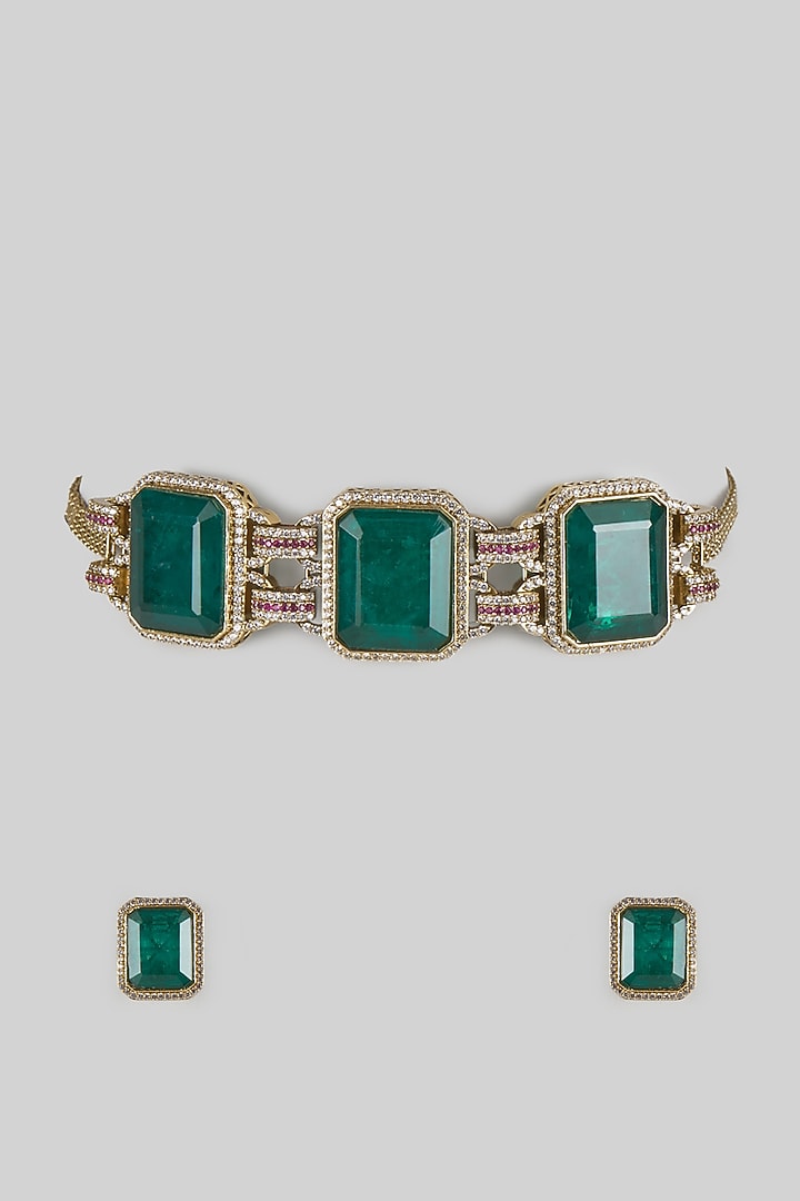 Gold Finish Zircon & Emerald Stone Choker Necklace Set by Moh-Maya by Disha Khatri at Pernia's Pop Up Shop