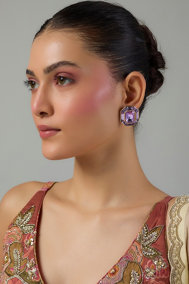 Gold Finish Purple Swarovski Stone Stud Earrings by Moh-Maya by Disha Khatri at Pernia's Pop Up Shop
