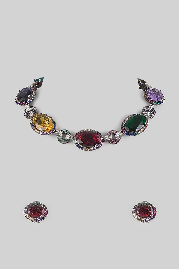 Black Rhodium Finish Multi-Colored Zircon Choker Necklace Set by Moh-Maya by Disha Khatri at Pernia's Pop Up Shop