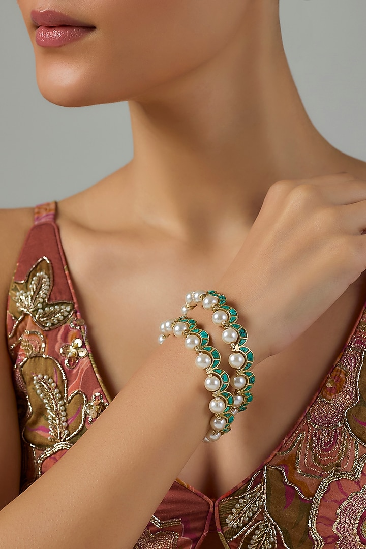 Gold Finish Kundan Polki & Pearl Bangle by Moh-Maya by Disha Khatri at Pernia's Pop Up Shop