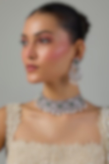 White Gold Finish Zircon & Emerald Stone Choker Necklace Set by Moh-Maya by Disha Khatri at Pernia's Pop Up Shop