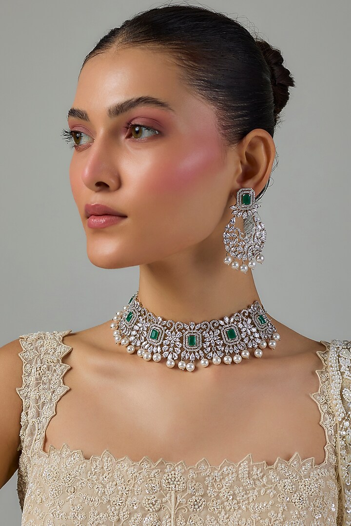 White Gold Finish Zircon & Emerald Stone Choker Necklace Set by Moh-Maya by Disha Khatri at Pernia's Pop Up Shop
