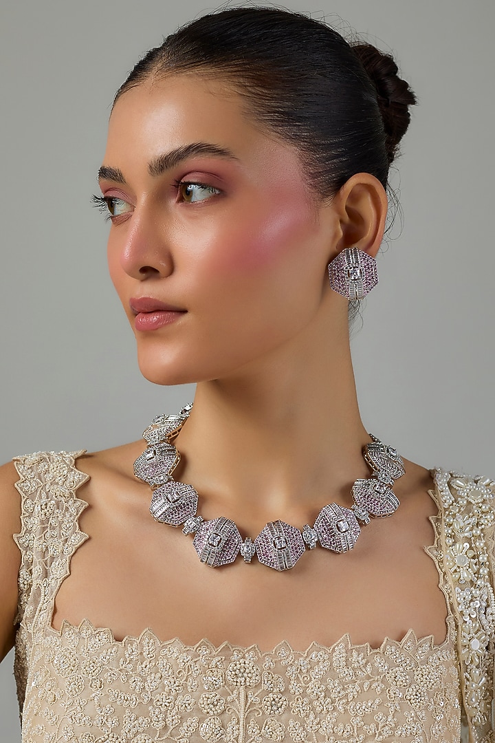 White Gold Finish Zircon & Quartz Stone Necklace Set by Moh-Maya by Disha Khatri at Pernia's Pop Up Shop