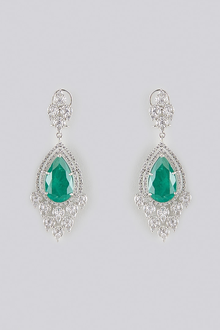 White Gold Finish Zircon & Emerald Stone Dangler Earrings by Moh-Maya by Disha Khatri at Pernia's Pop Up Shop