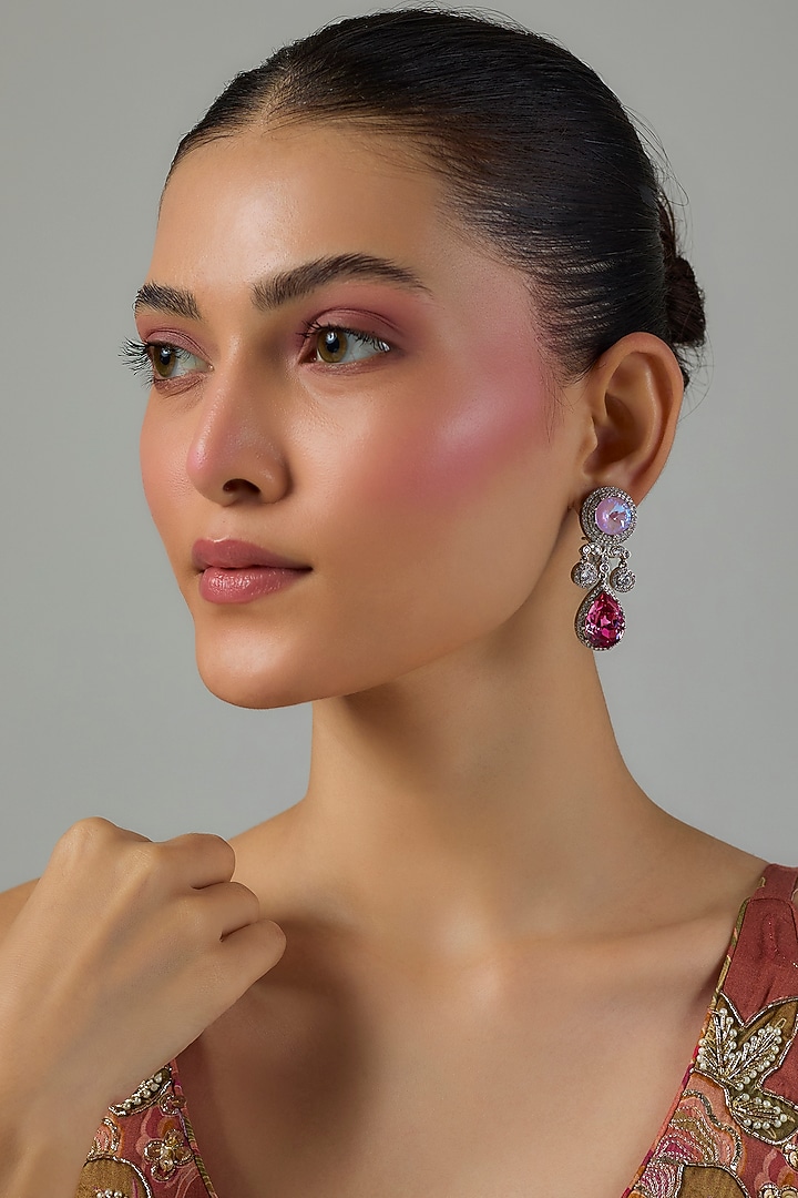 White Gold Finish Zircon & Quartz Stone Dangler Earrings by Moh-Maya by Disha Khatri at Pernia's Pop Up Shop