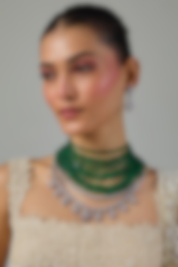 White Gold Finish Zircon & Emerald Beaded Layered Necklace Set by Moh-Maya by Disha Khatri at Pernia's Pop Up Shop