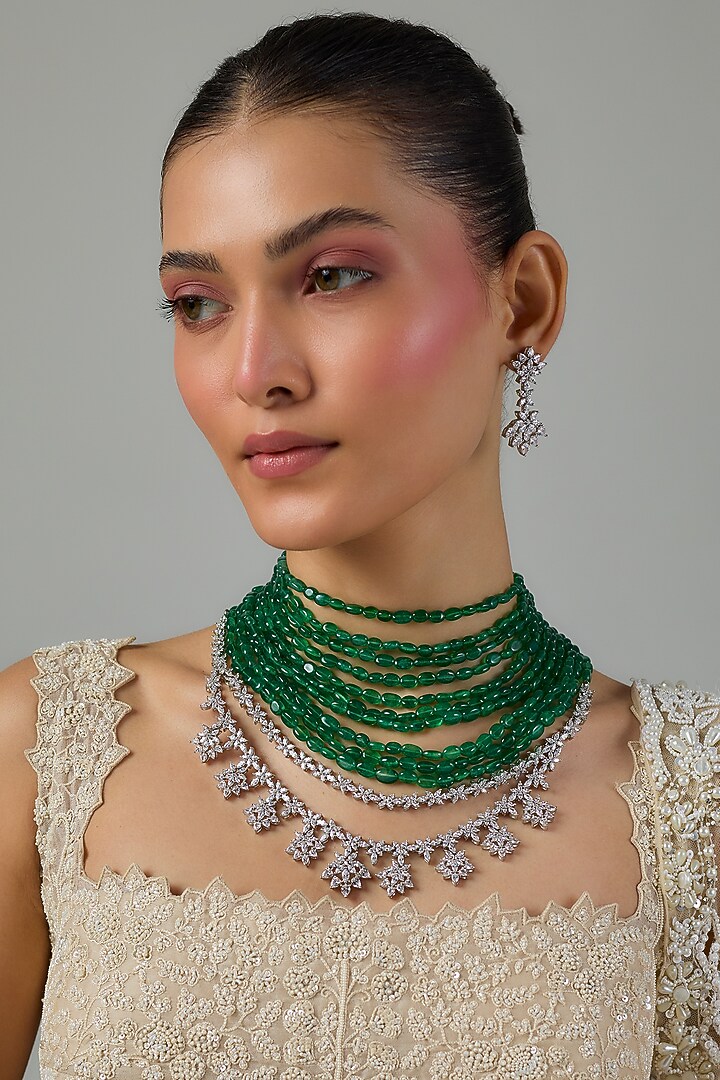 White Gold Finish Zircon & Emerald Beaded Layered Necklace Set by Moh-Maya by Disha Khatri at Pernia's Pop Up Shop