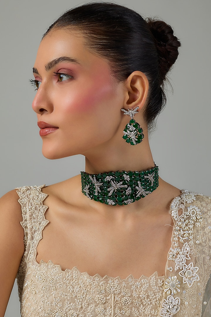 White Gold Finish Zircon & Emerald Stone Choker Necklace Set by Moh-Maya by Disha Khatri at Pernia's Pop Up Shop