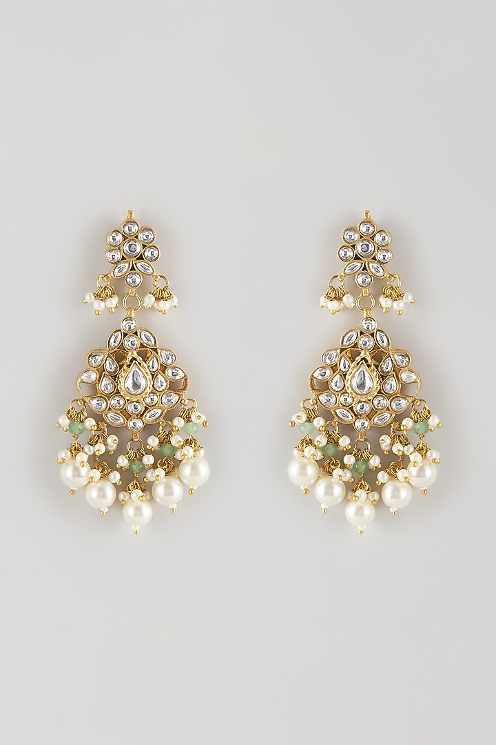 Gold Finish Kundan Polki & Pearl Dangler Earrings by Moh-Maya by Disha Khatri at Pernia's Pop Up Shop