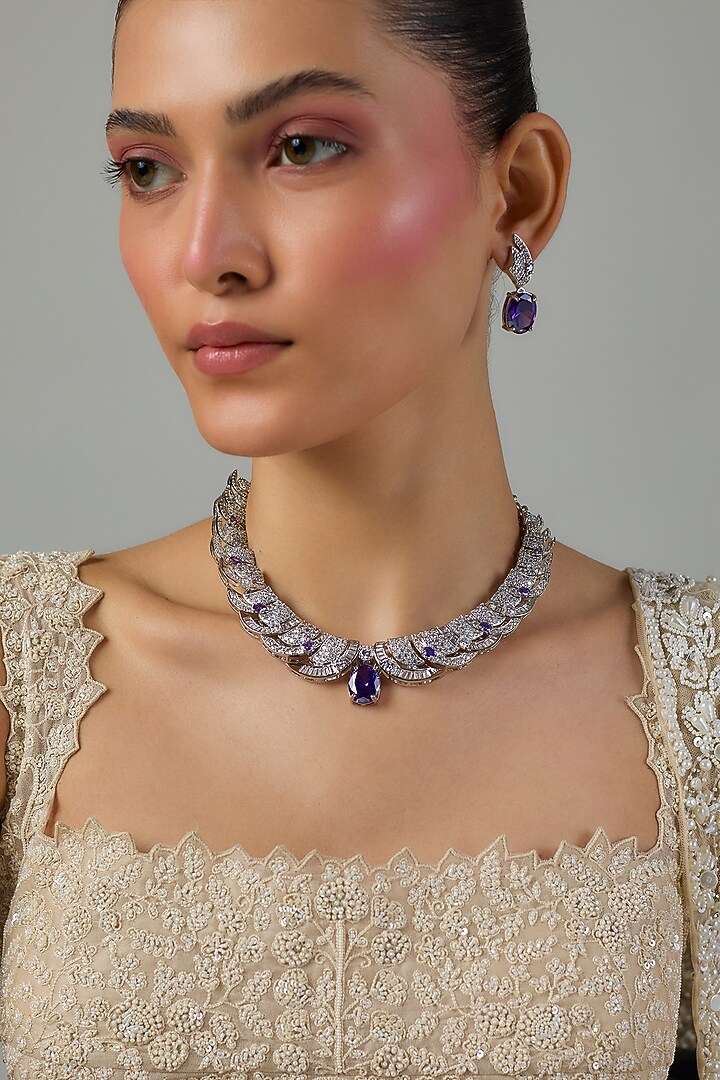 White Gold Finish Zircon & Amethyst Stone Choker Necklace Set by Moh-Maya by Disha Khatri at Pernia's Pop Up Shop