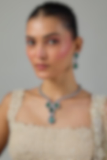 White Gold Finish Zircon & Emerald Stone Long Necklace Set by Moh-Maya by Disha Khatri at Pernia's Pop Up Shop