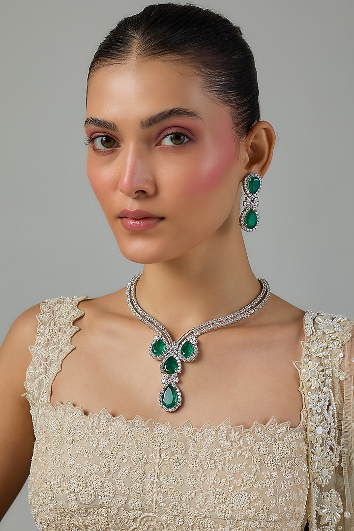 White Gold Finish Zircon & Emerald Stone Long Necklace Set by Moh-Maya by Disha Khatri at Pernia's Pop Up Shop