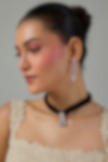 White Gold Finish Zircon & Rose Quartz Stone Pendant Necklace Set by Moh-Maya by Disha Khatri at Pernia's Pop Up Shop