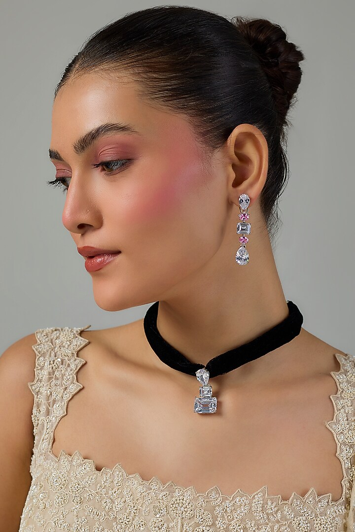 White Gold Finish Zircon & Rose Quartz Stone Pendant Necklace Set by Moh-Maya by Disha Khatri at Pernia's Pop Up Shop
