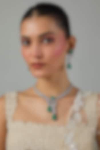 White Gold Finish Zircon & Turquoise Stone Long Necklace Set by Moh-Maya by Disha Khatri at Pernia's Pop Up Shop