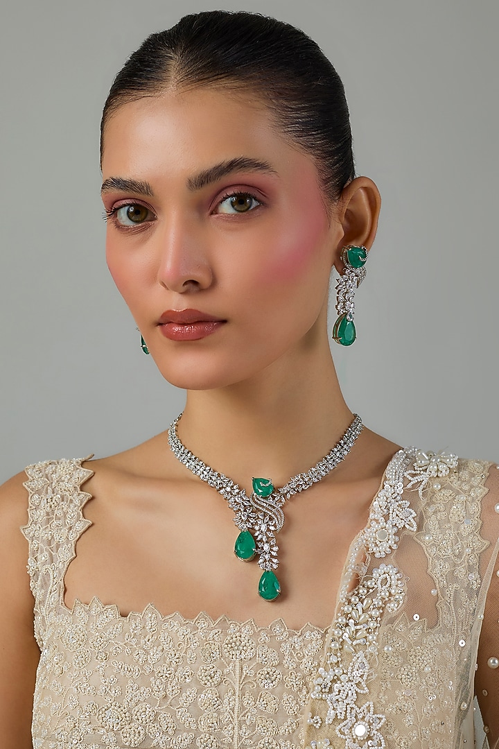 White Gold Finish Zircon & Turquoise Stone Long Necklace Set by Moh-Maya by Disha Khatri at Pernia's Pop Up Shop
