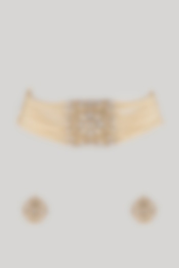 Gold Finish Zircon & Pearl Choker Necklace Set by Moh-Maya by Disha Khatri at Pernia's Pop Up Shop