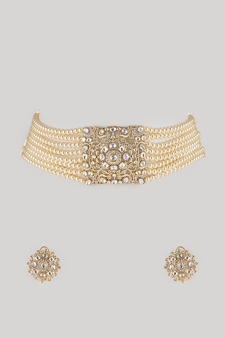 Gold Finish Zircon & Pearl Choker Necklace Set by Moh-Maya by Disha Khatri at Pernia's Pop Up Shop