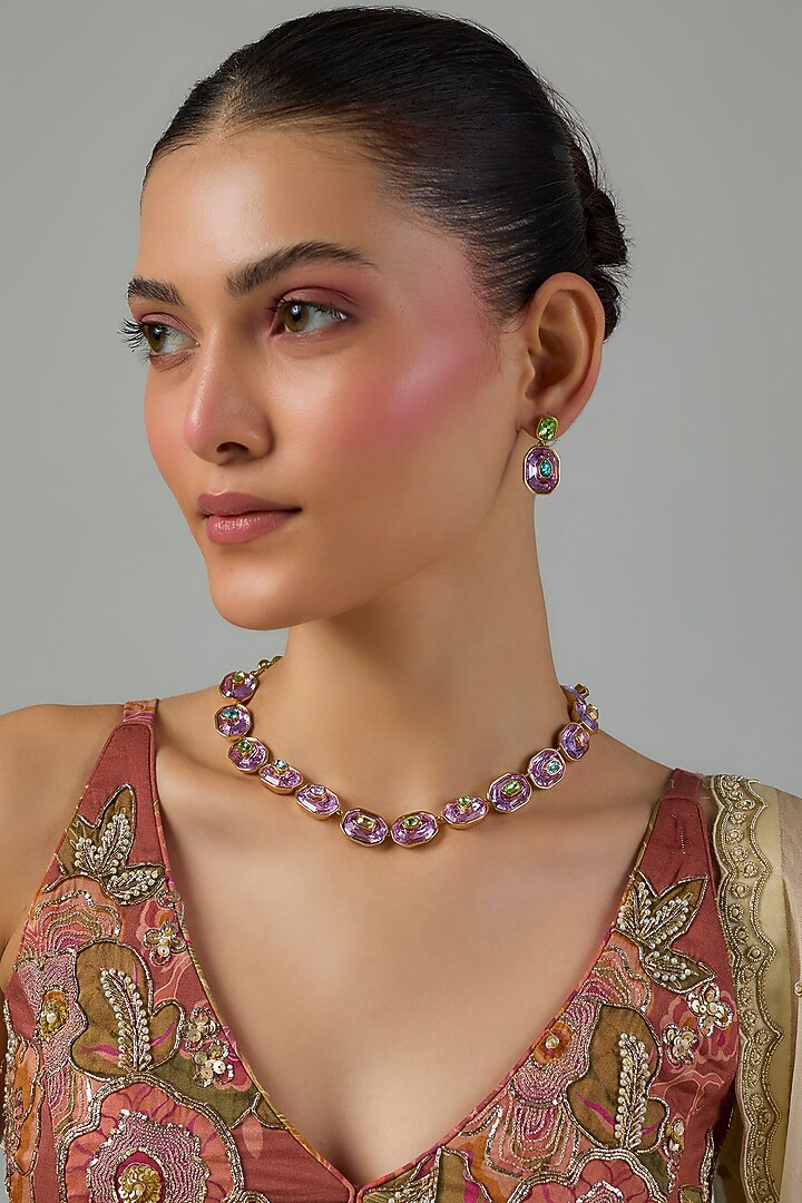 Gold Finish Swarovski & Multi-Colored Stone Choker Necklace Set by Moh-Maya by Disha Khatri at Pernia's Pop Up Shop