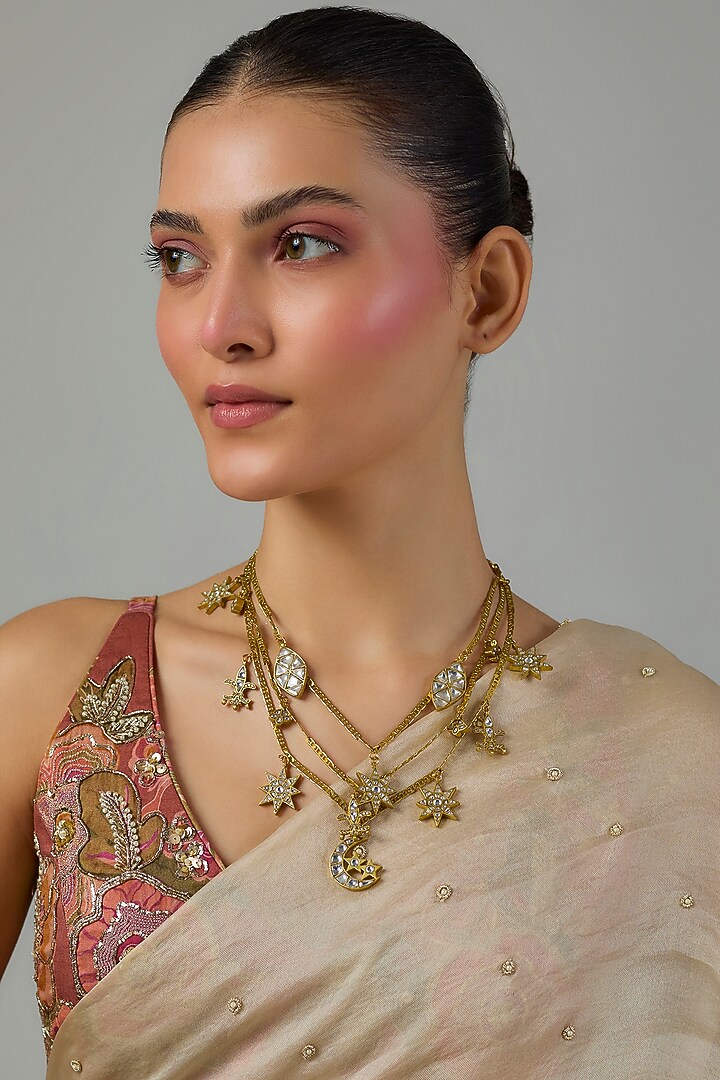 Gold Finish Kundan Polki & Moon Motifs Layered Necklace by Moh-Maya by Disha Khatri at Pernia's Pop Up Shop