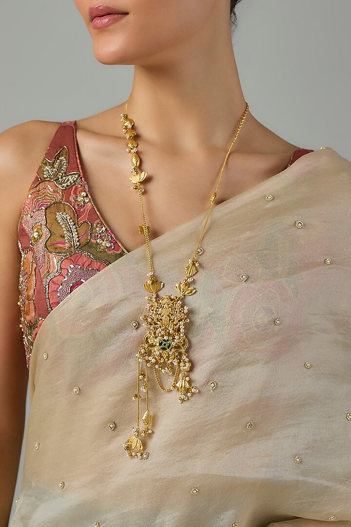 Gold Finish Kundan Polki & Emerald Stone Long Necklace by Moh-Maya by Disha Khatri at Pernia's Pop Up Shop