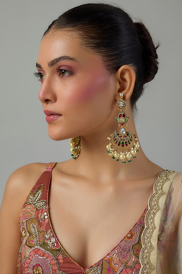 Gold Finish Kundan Polki & Pearl Dangler Earrings by Moh-Maya by Disha Khatri at Pernia's Pop Up Shop