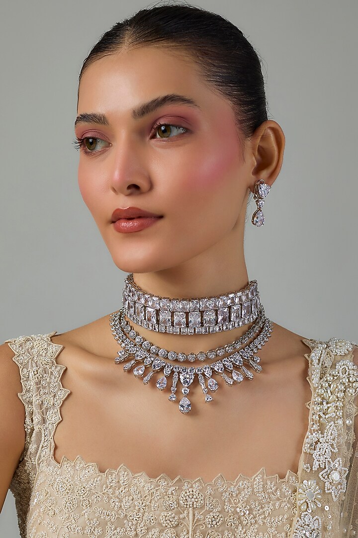 White Gold Finish Zircon Layered Necklace Set by Moh-Maya by Disha Khatri at Pernia's Pop Up Shop