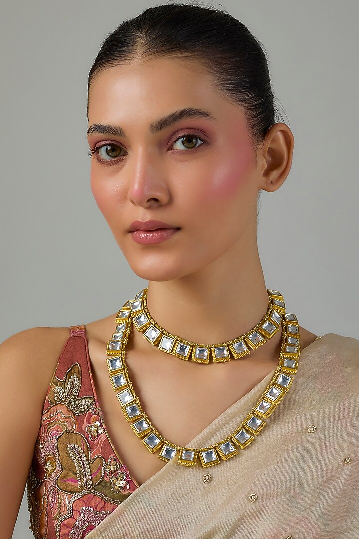 Gold Finish Kundan Polki layered Necklace (Set Of 2) by Moh-Maya by Disha Khatri at Pernia's Pop Up Shop