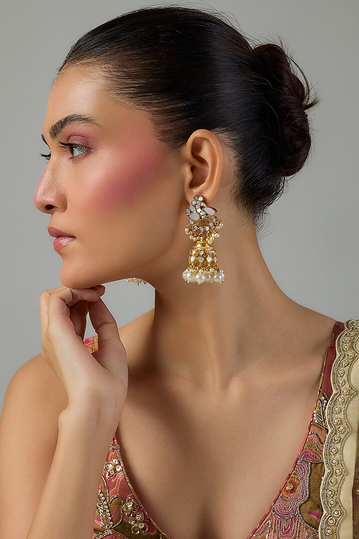 Gold Finish Mooother Of Pearl Dangler Earrings by Moh-Maya by Disha Khatri at Pernia's Pop Up Shop