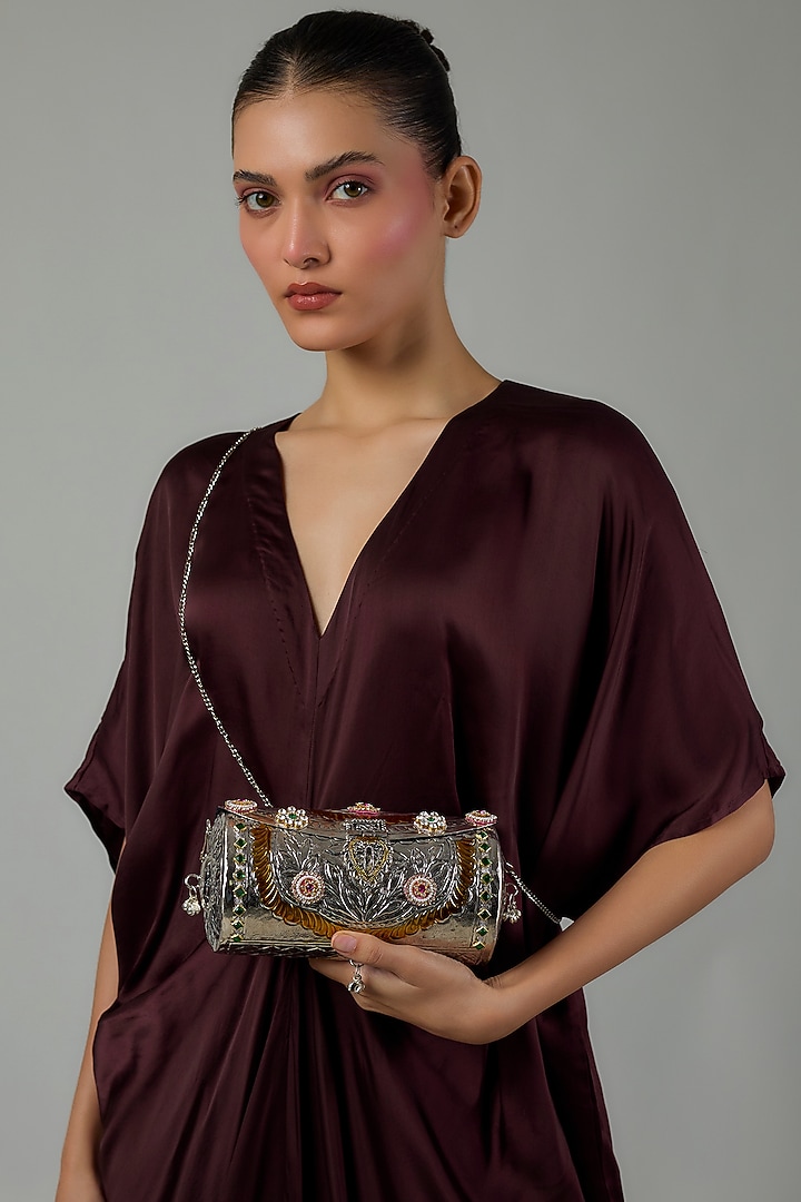 Silver Finish Kundan Polki & Multi-Colored Stone Clutch by Moh-Maya by Disha Khatri at Pernia's Pop Up Shop