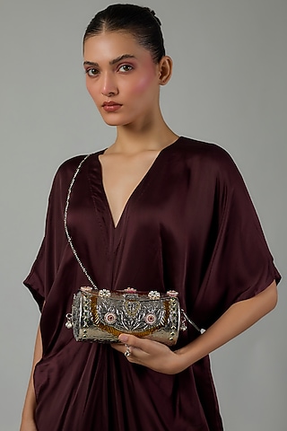 Silver Finish Kundan Polki & Multi-Colored Stone Clutch by Moh-Maya by Disha Khatri