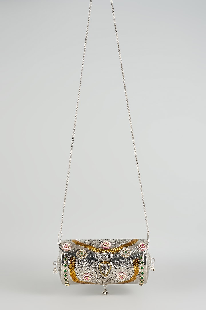 Silver Finish Kundan Polki & Multi-Colored Stone Clutch by Moh-Maya by Disha Khatri at Pernia's Pop Up Shop
