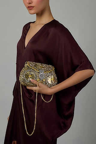 Matte Gold Finish Elephant Motif Clutch by Moh-Maya by Disha Khatri