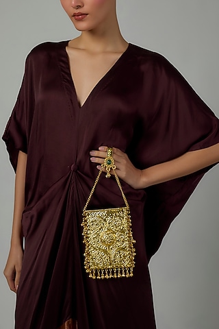 Gold Finish Emerald Stone Clutch by Moh-Maya by Disha Khatri